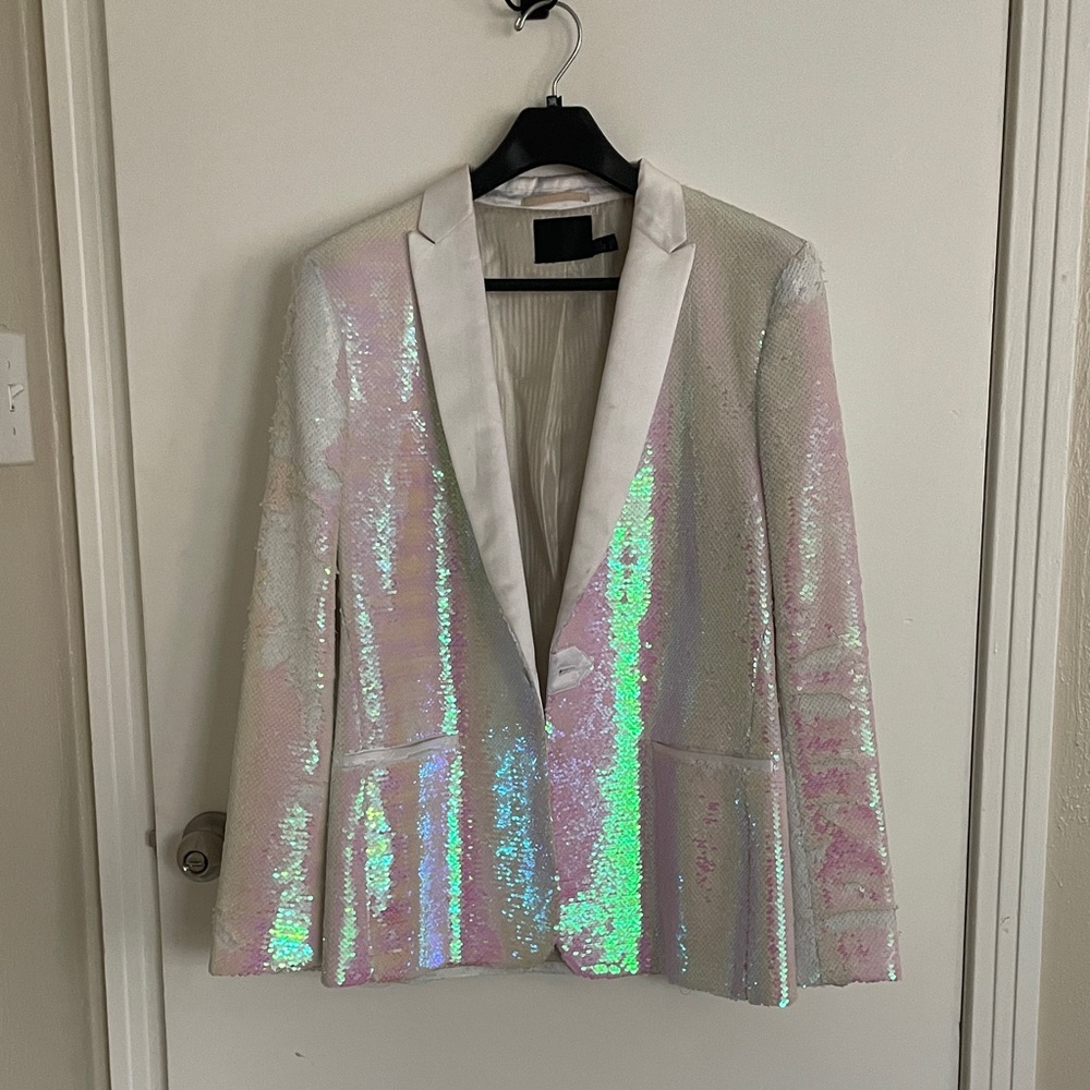 NADINE MERABI Iridescent Sequin Blazer - White and Green